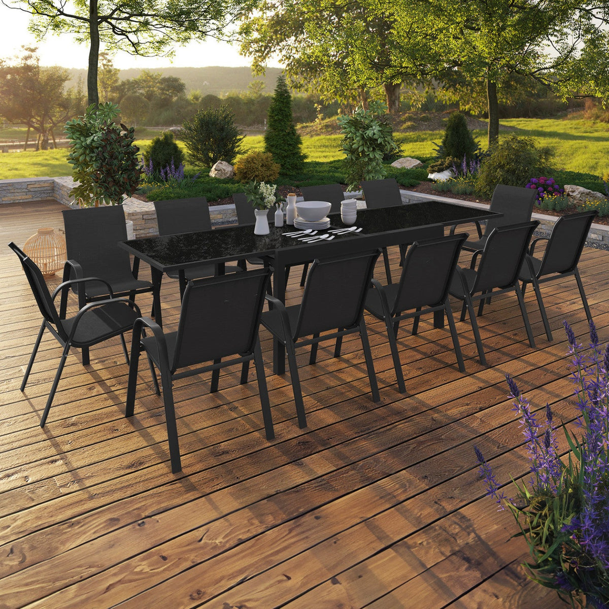 Salon de jardin MADRID table extensible 135-270 cm et 12 chaises empilables noir