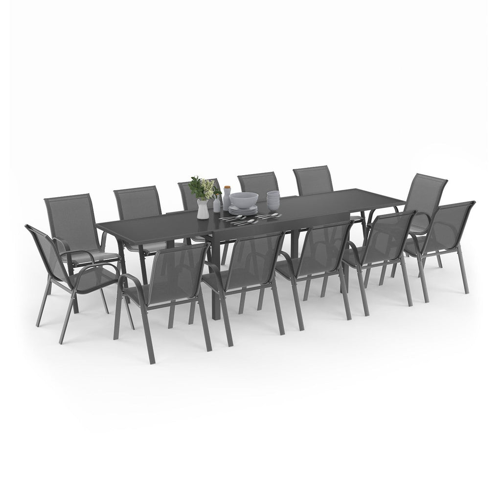 Salon de jardin MADRID table extensible plateau gris 135-270 CM et 12 chaises empilables gris anthracite