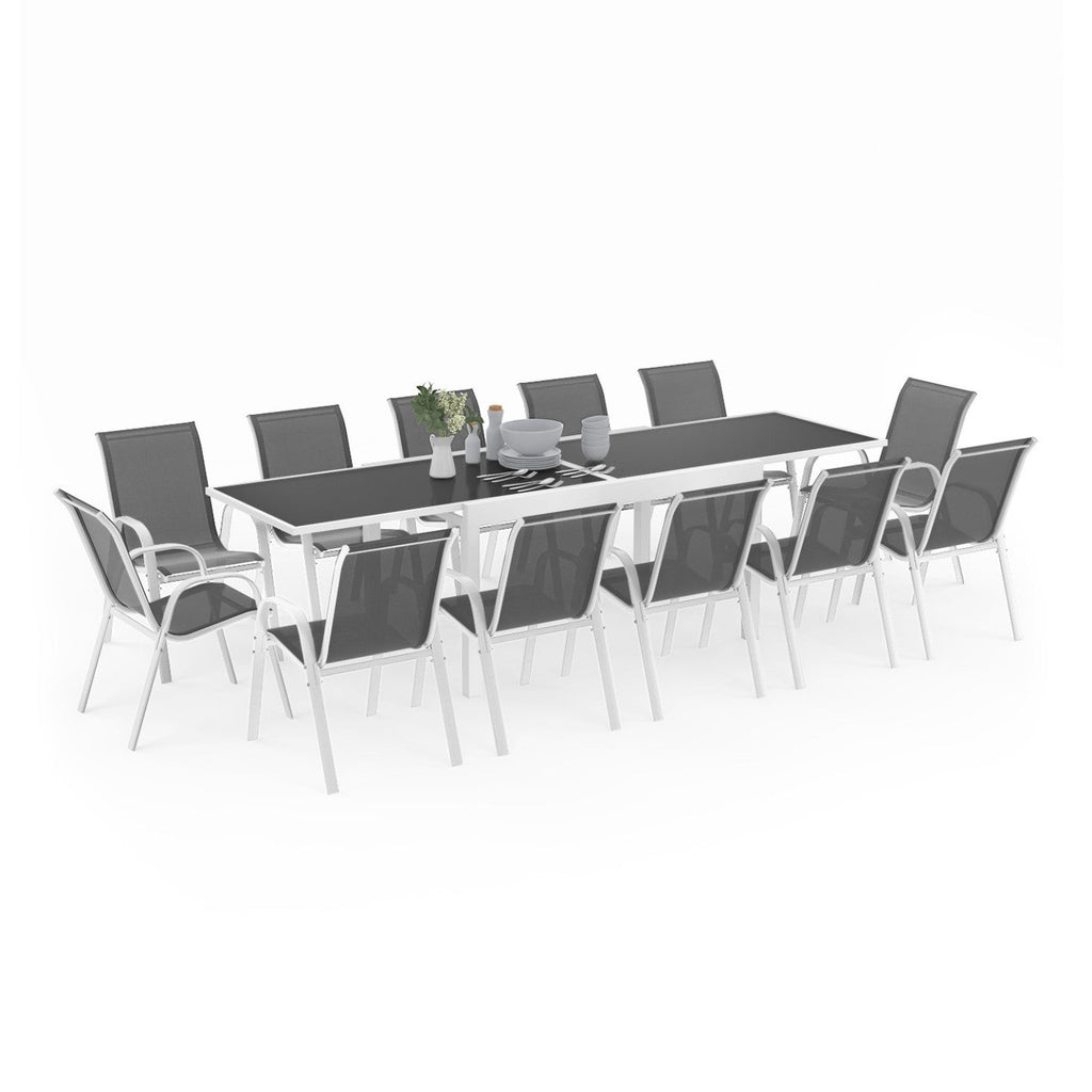 Salon de jardin MADRID table extensible 135-270 cm et 12 chaises empilables blanc et gris