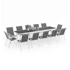 Salon de jardin MADRID table extensible 135-270 cm et 12 chaises empilables blanc et gris