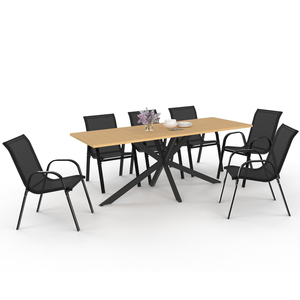 Salon de jardin MESSINA, table de 190 cm avec pied araignée et plateau en métal effet bois, et 8 chaises empilables noires
