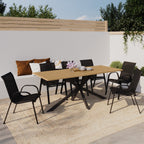 Salon de jardin MESSINA, table de 190 cm avec pied araignée et plateau en métal effet bois, et 8 chaises empilables noires