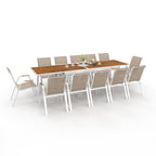 Salon de jardin NOUMEA, table extensible 135/270 cm avec plateau en verre trempé effet bois et 12 chaises empilables blanc et bois