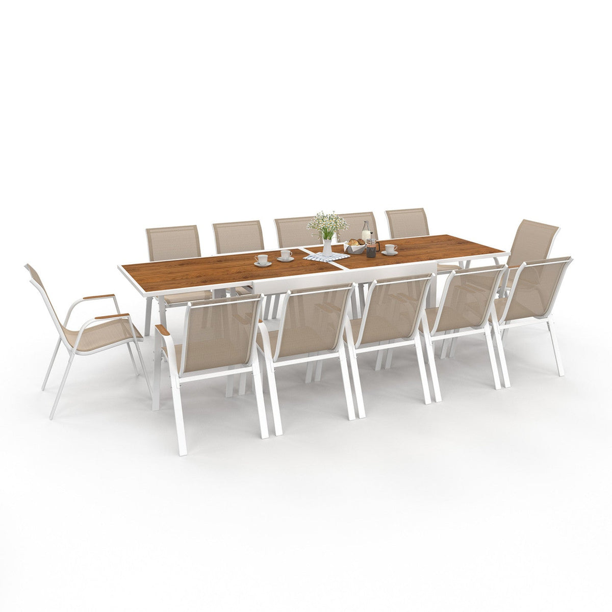 Salon de jardin NOUMEA, table extensible 135/270 cm avec plateau en verre trempé effet bois et 12 chaises empilables blanc et bois