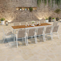 Salon de jardin NOUMEA, table extensible 135/270 cm avec plateau en verre trempé effet bois et 12 chaises empilables blanc et bois