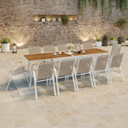 Salon de jardin NOUMEA, table extensible 135/270 cm avec plateau en verre trempé effet bois et 12 chaises empilables blanc et bois