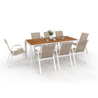 Salon de jardin NOUMEA, table 190 cm avec plateau en verre trempé effet bois et 8 chaises empilables blanc et bois
