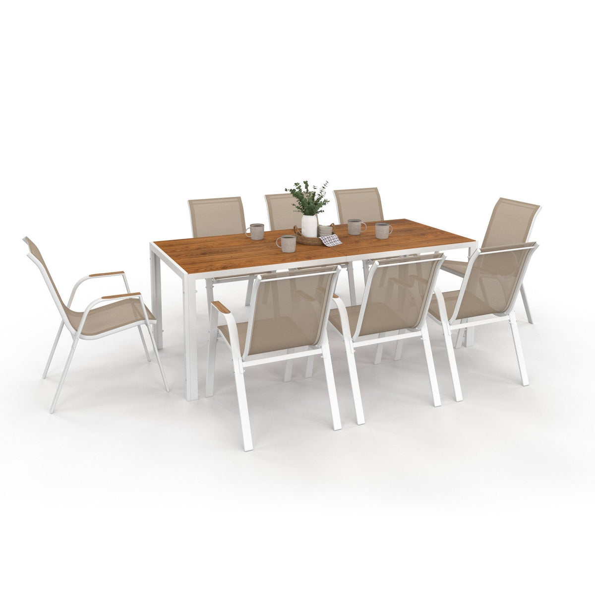 Salon de jardin NOUMEA, table 190 cm avec plateau en verre trempé effet bois et 8 chaises empilables blanc et bois