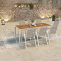 Salon de jardin NOUMEA, table 190 cm avec plateau en verre trempé effet bois et 8 chaises empilables blanc et bois