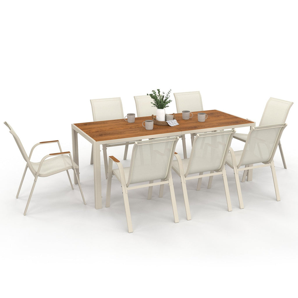 Salon de jardin NOUMEA table 190 cm plateau en verre trempé effet bois et 8 chaises empilables beige et bois