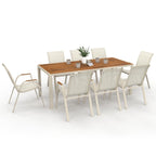 Salon de jardin NOUMEA table 190 cm plateau en verre trempé effet bois et 8 chaises empilables beige et bois