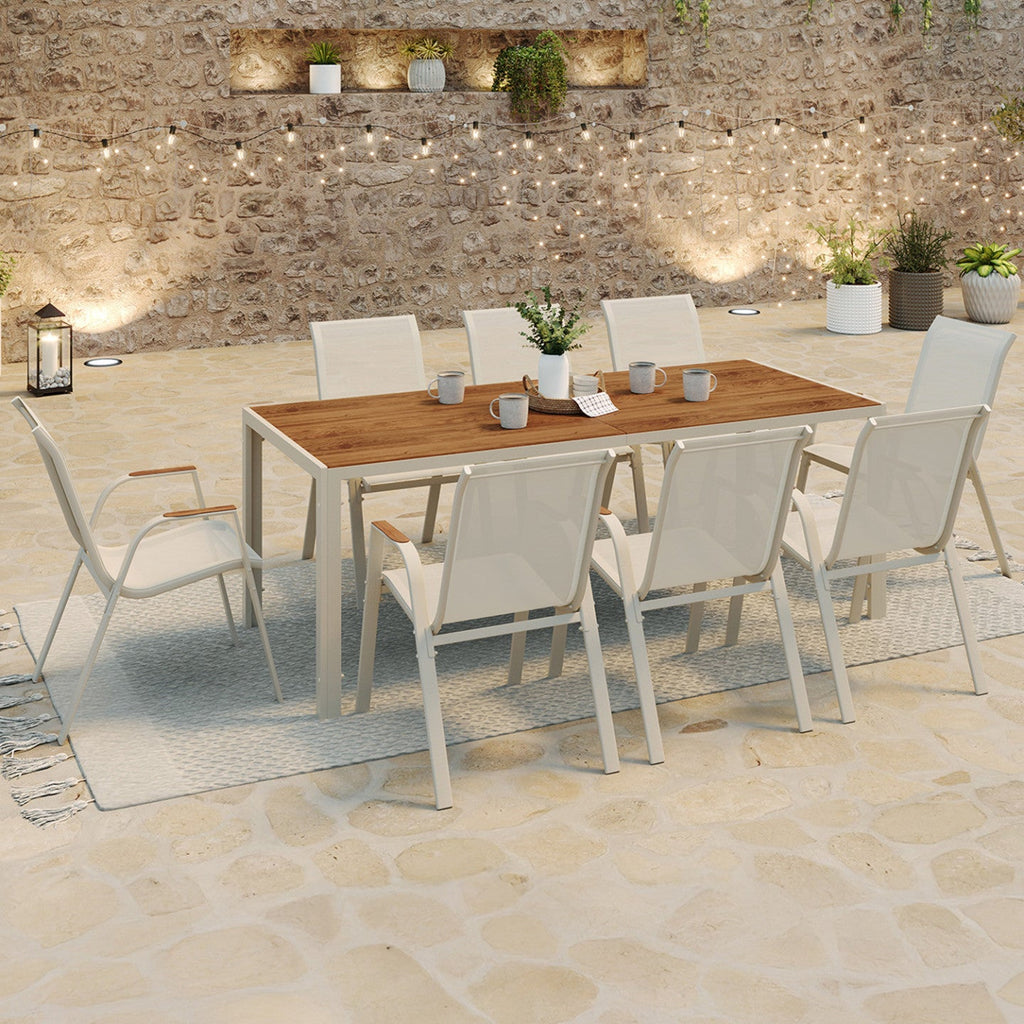 Salon de jardin NOUMEA table 190 cm plateau en verre trempé effet bois et 8 chaises empilables beige et bois