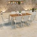 Salon de jardin NOUMEA table 190 cm plateau en verre trempé effet bois et 8 chaises empilables beige et bois