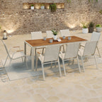 Salon de jardin NOUMEA table 190 cm plateau en verre trempé effet bois et 8 chaises empilables beige et bois