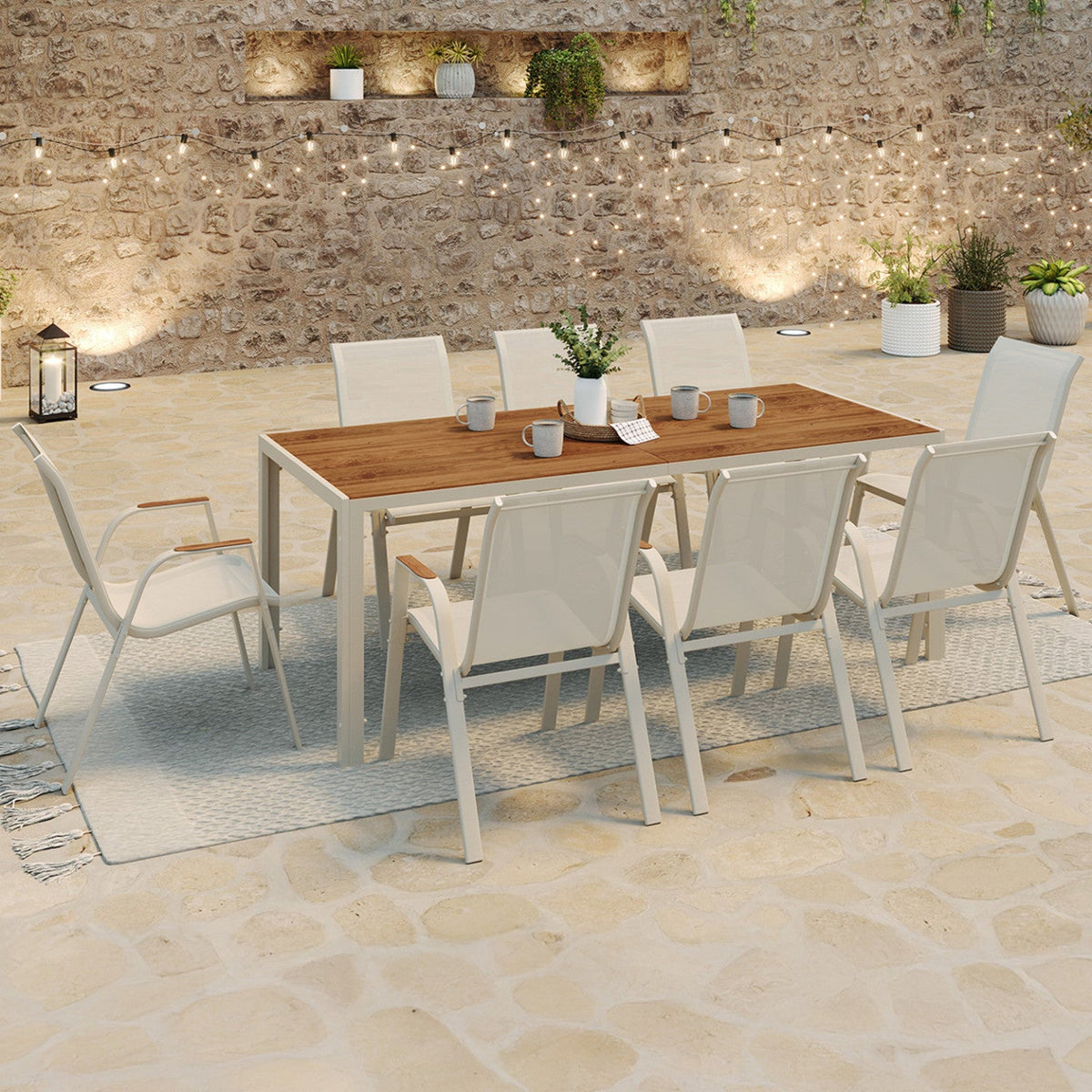 Salon de jardin NOUMEA table 190 cm plateau en verre trempé effet bois et 8 chaises empilables beige et bois