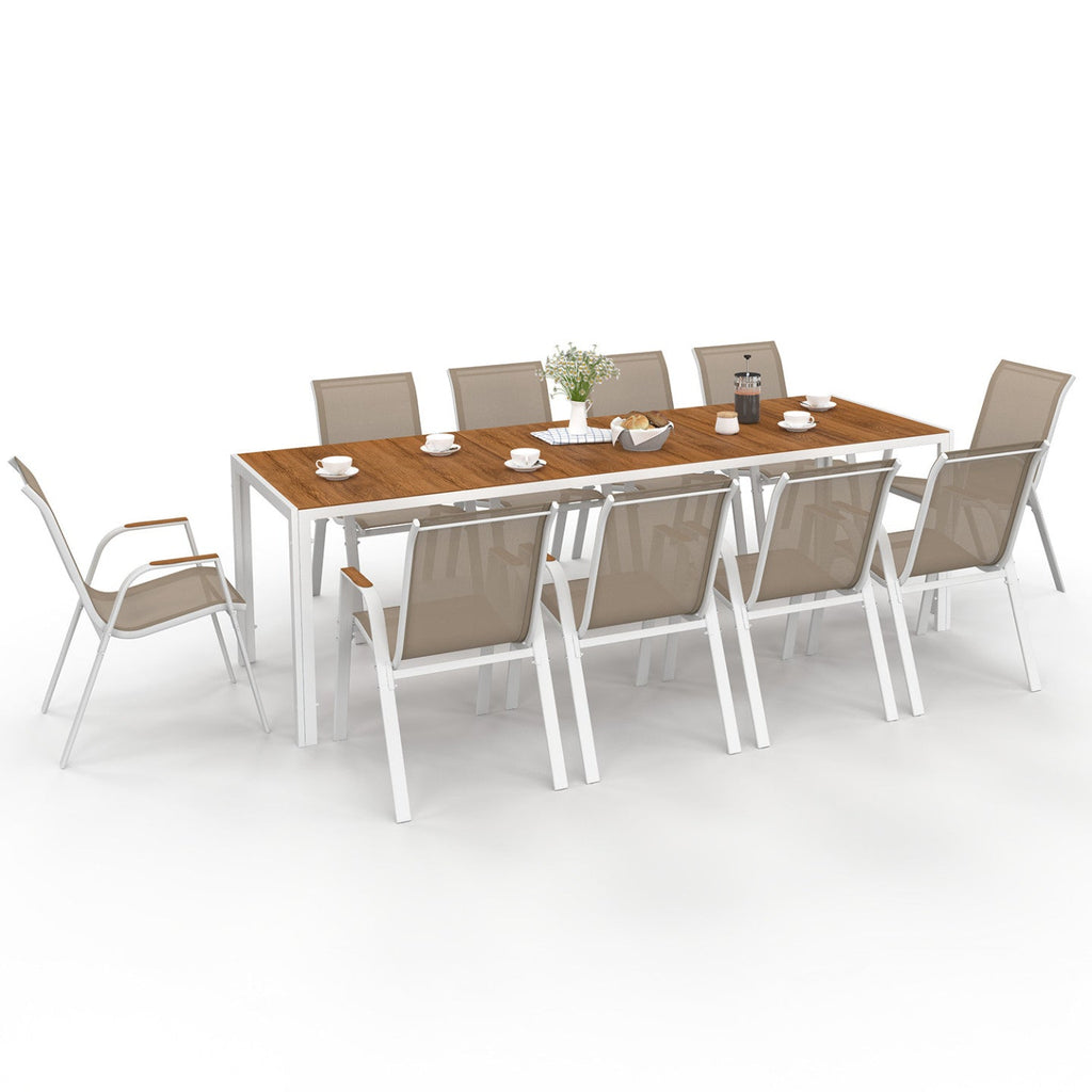 Salon de jardin NOUMEA table 240 cm plateau verre trempé effet bois et 10 chaises empilables blanc et bois