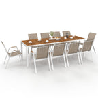 Salon de jardin NOUMEA table 240 cm plateau verre trempé effet bois et 10 chaises empilables blanc et bois