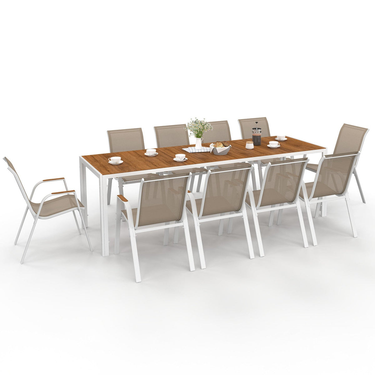 Salon de jardin NOUMEA table 240 cm plateau verre trempé effet bois et 10 chaises empilables blanc et bois