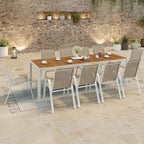 Salon de jardin NOUMEA table 240 cm plateau verre trempé effet bois et 10 chaises empilables blanc et bois
