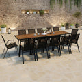 Salon de jardin NOUMEA table extensible 135/270 CM plateau verre trempé effet bois et 12 chaises empilables noir et bois