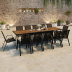 Salon de jardin NOUMEA table extensible 135/270 CM plateau verre trempé effet bois et 12 chaises empilables noir et bois