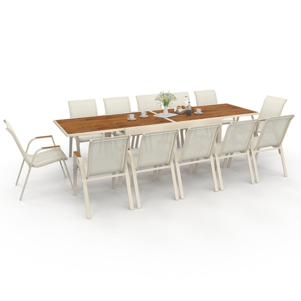 Salon de jardin NOUMEA table extensible 135/270 CM plateau verre trempé effet bois et 12 chaises empilables beige et bois