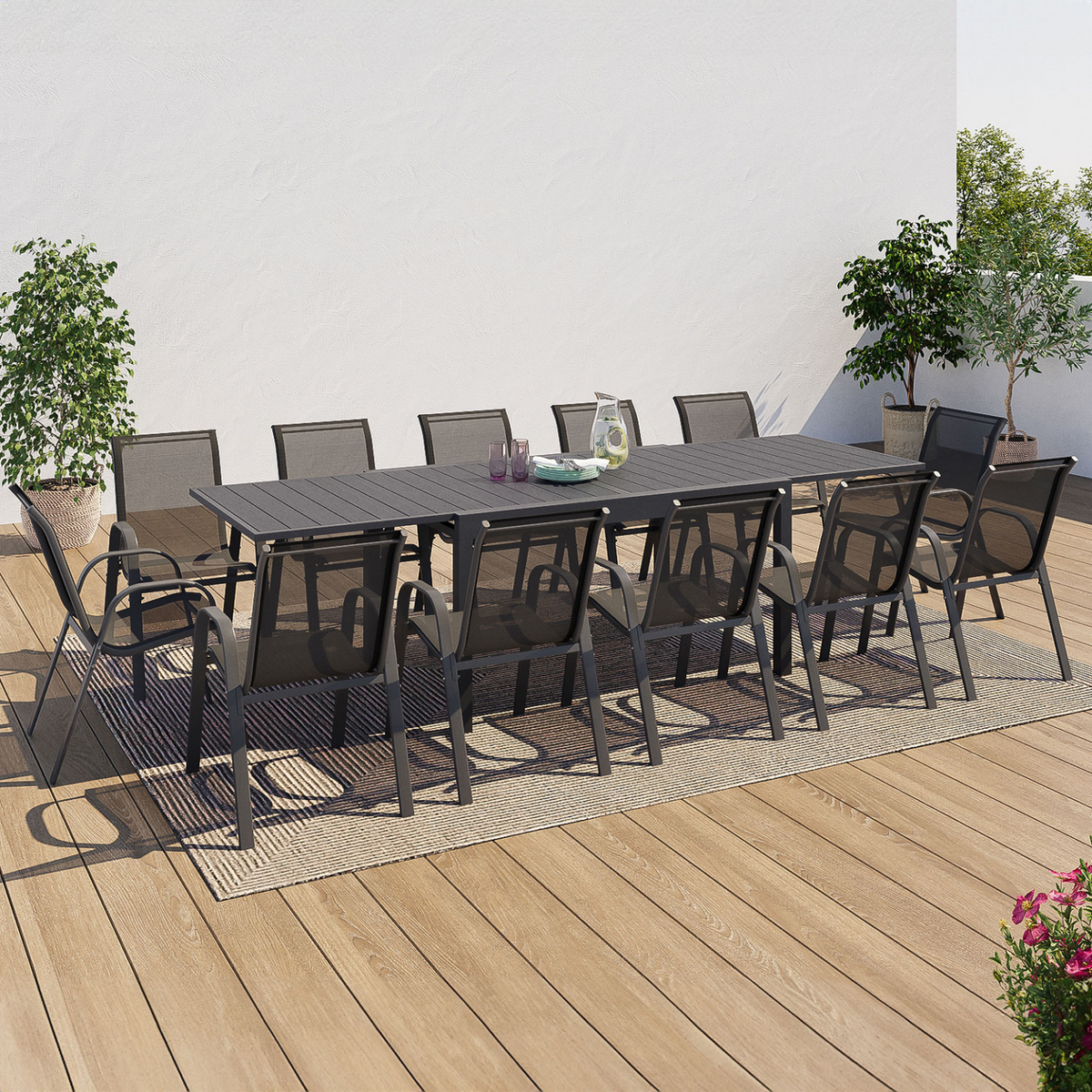 Salon de jardin POLY table extensible 135-270 CM et 12 chaises gris foncé