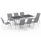 Salon de jardin POLY, table extensible 90-180 cm et 8 chaises, blanc et gris