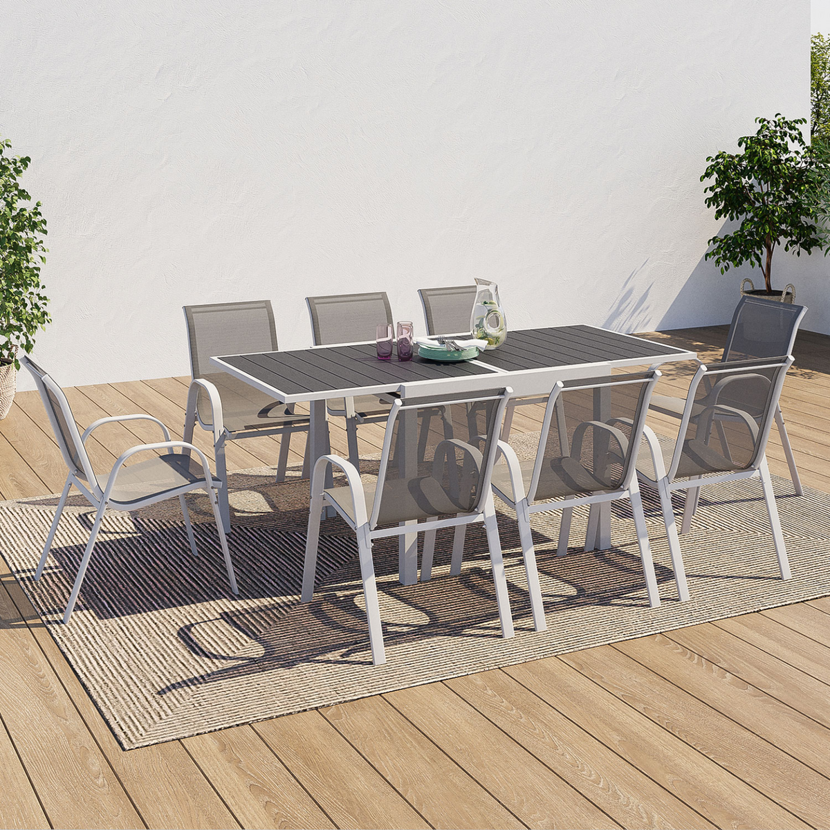 Salon de jardin POLY, table extensible 90-180 cm et 8 chaises, blanc et gris
