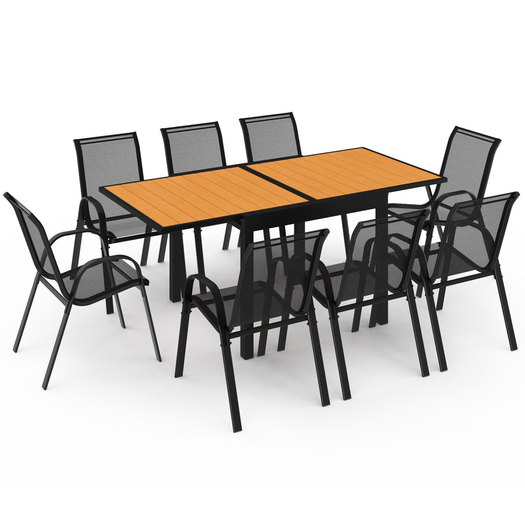 Salon de jardin POLY, table extensible 90-180 cm et 8 chaises, bois et noir