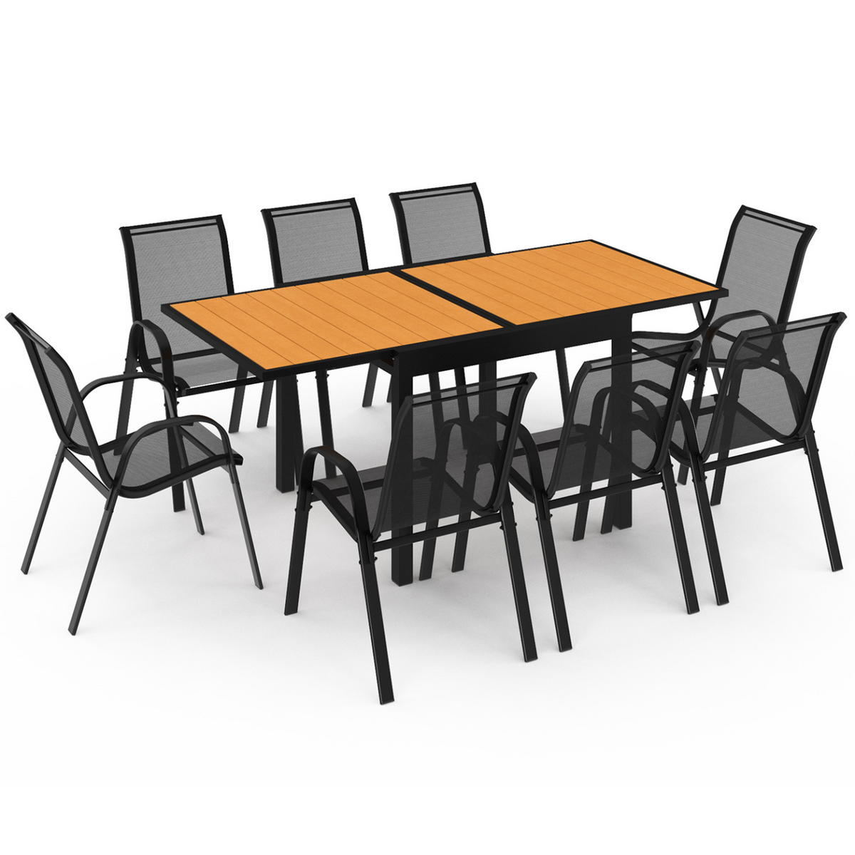 Salon de jardin POLY, table extensible 90-180 cm et 8 chaises, bois et noir