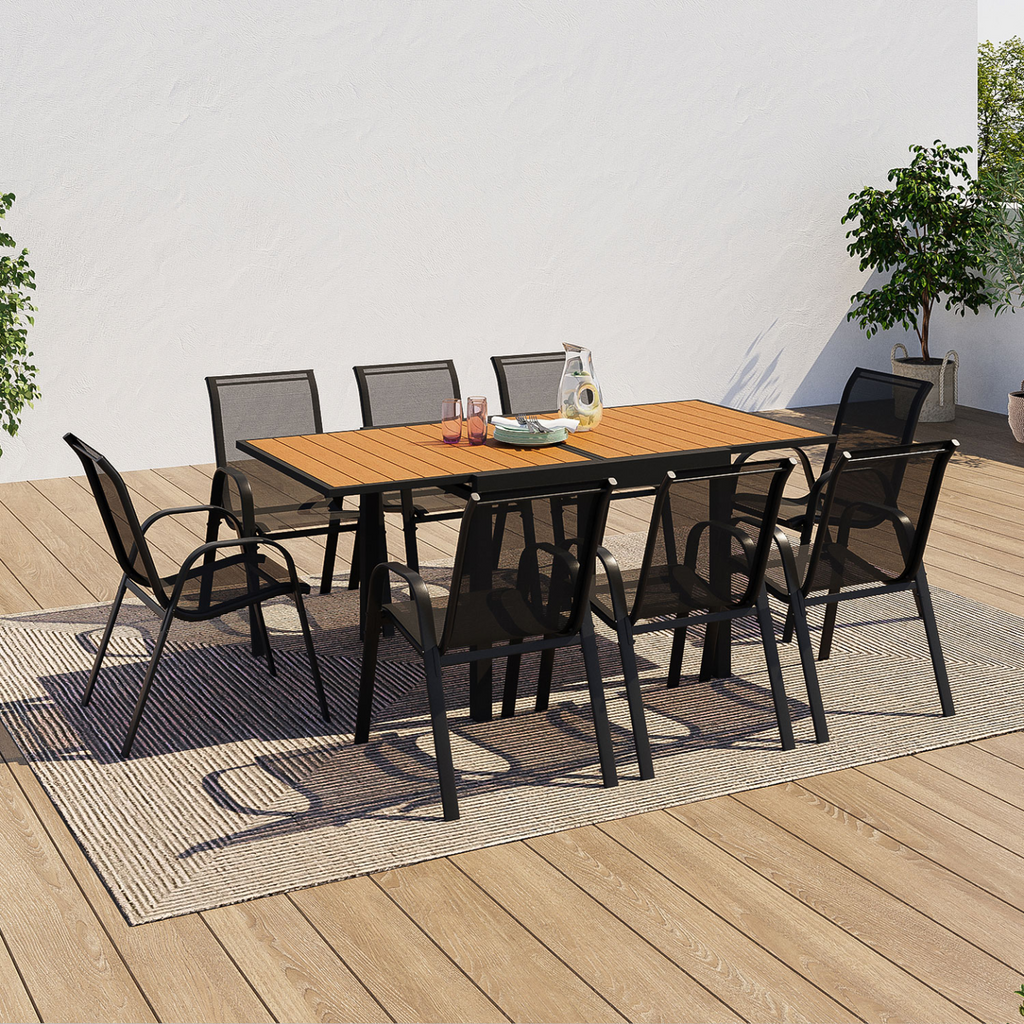 Salon de jardin POLY, table extensible 90-180 cm et 8 chaises, bois et noir