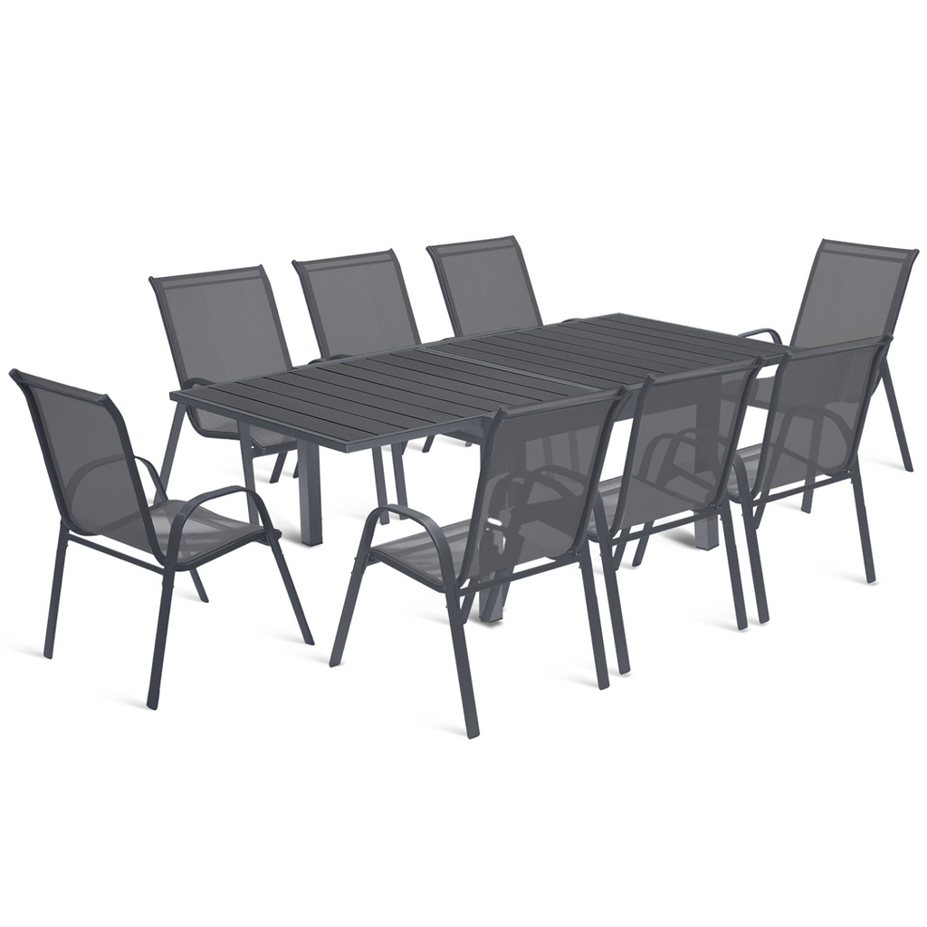 Salon de jardin POLY table extensible 90-180 cm et 8 chaises gris foncé