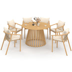 Salon de jardin SOLAL, table ronde de 120 cm avec piètement à lattes en métal et 6 chaises de jardin avec sangles et coussins beiges
