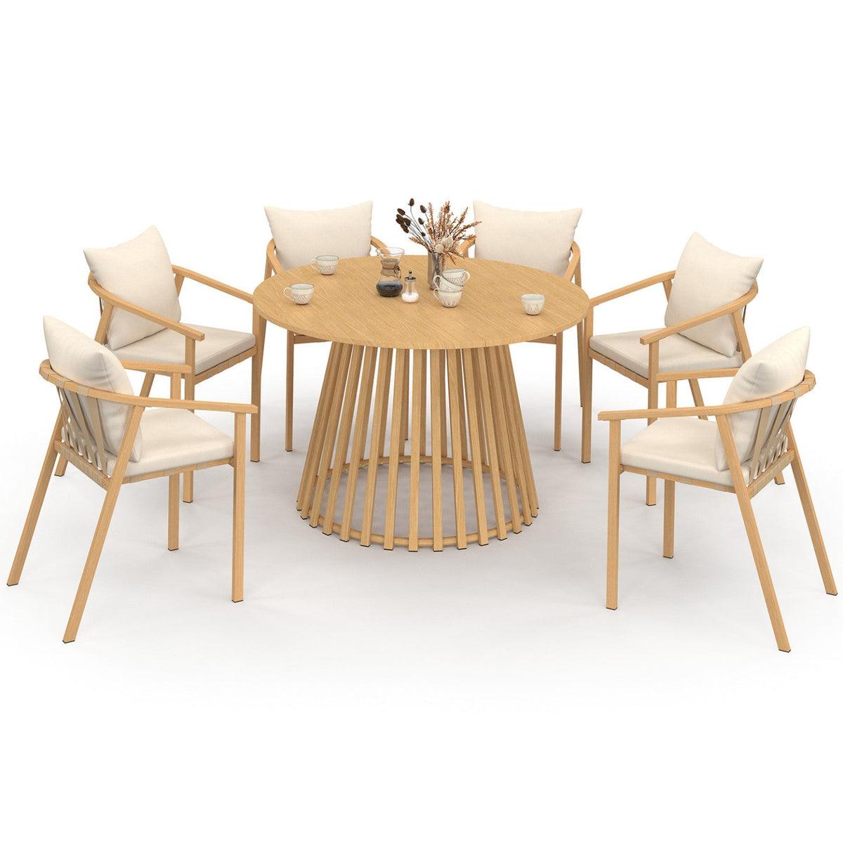 Salon de jardin SOLAL, table ronde de 120 cm avec piètement à lattes en métal et 6 chaises de jardin avec sangles et coussins beiges