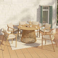 Salon de jardin SOLAL, table ronde de 120 cm avec piètement à lattes en métal et 6 chaises de jardin avec sangles et coussins beiges