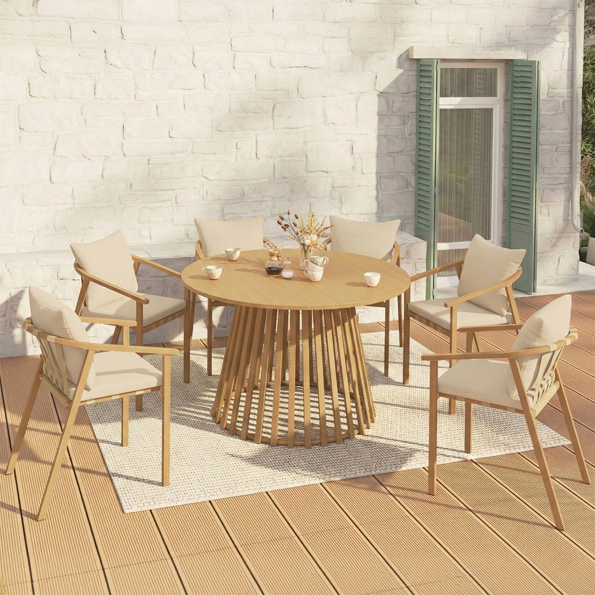 Salon de jardin SOLAL, table ronde de 120 cm avec piètement à lattes en métal et 6 chaises de jardin avec sangles et coussins beiges
