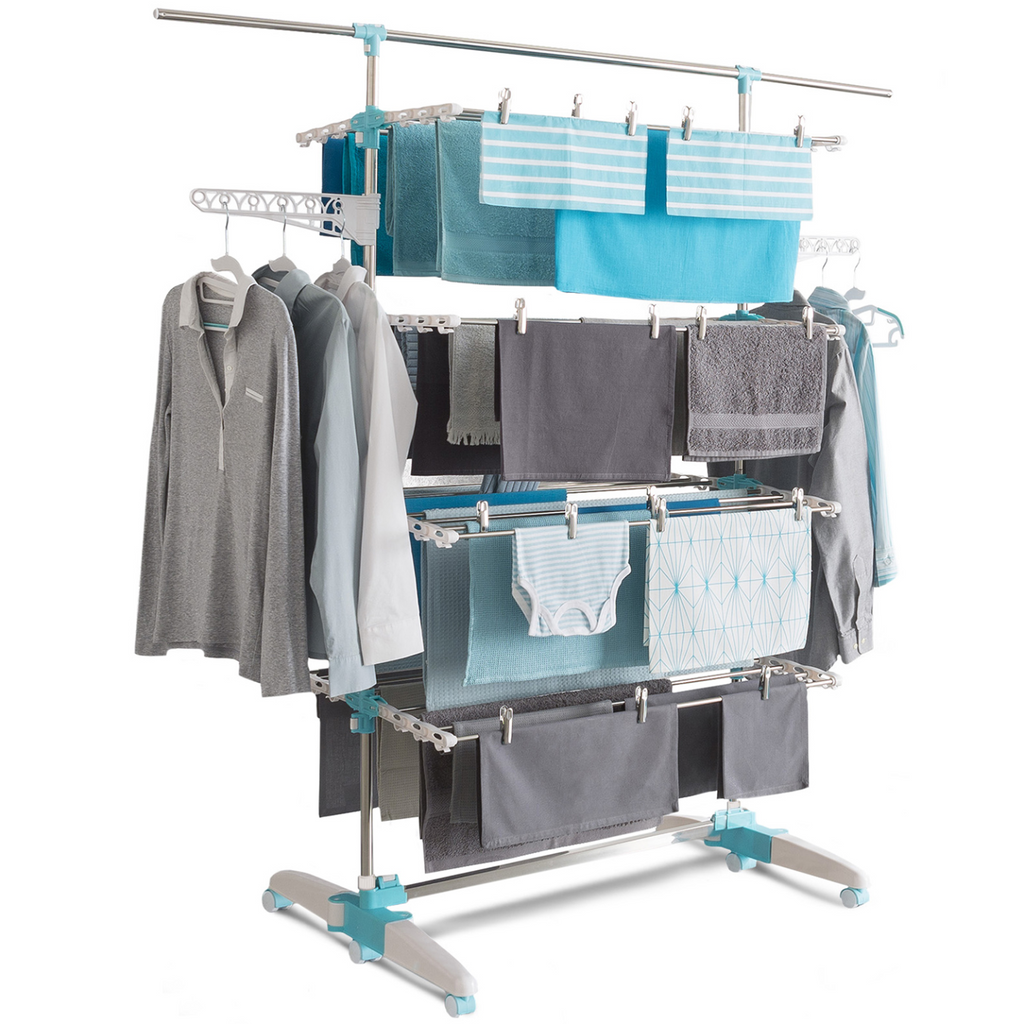 Séchoir à linge vertical pliable 4 niveaux OPTIMUM, capacité 30 m avec tringle télescopique, blanc et bleu