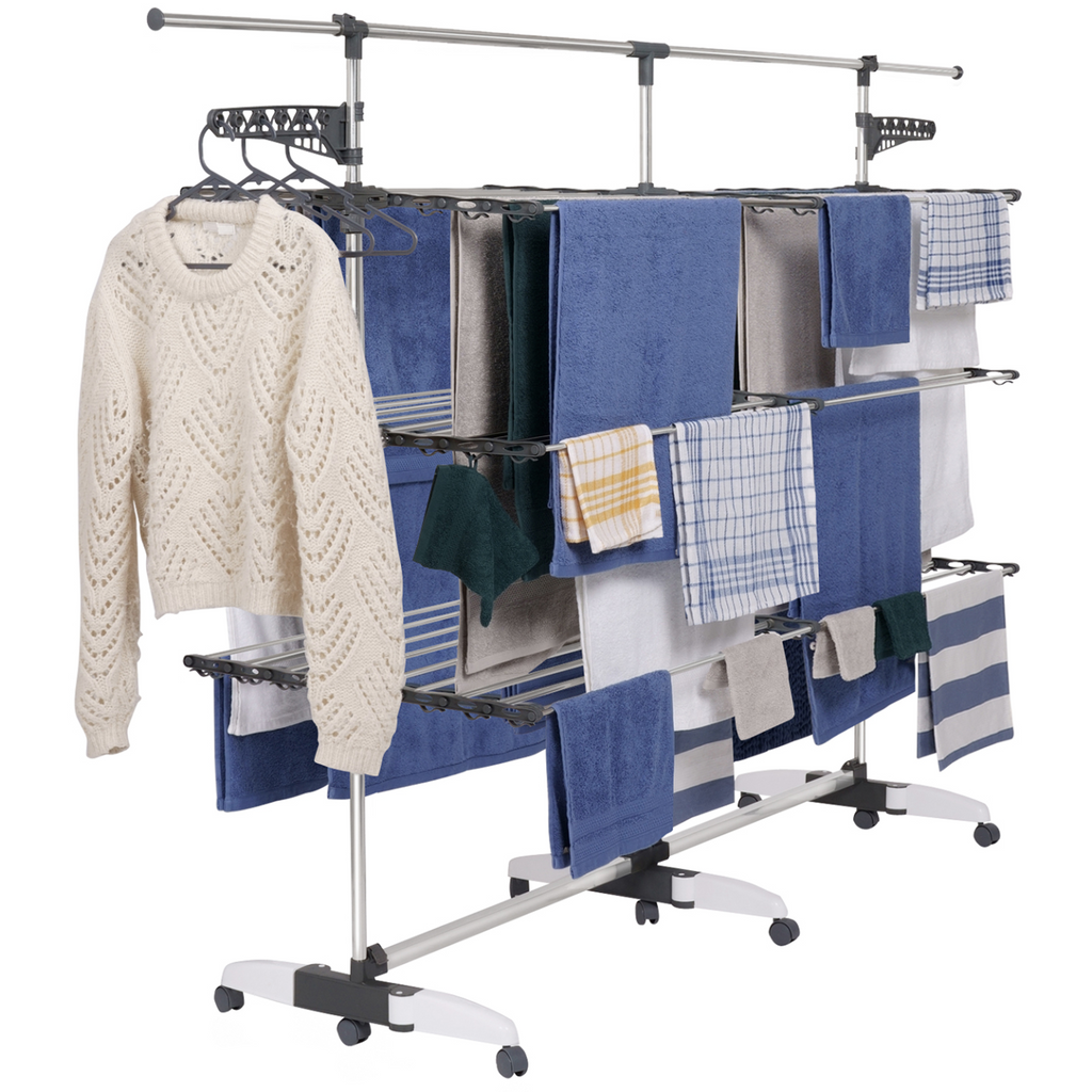 Séchoir à linge vertical pliable 3 niveaux SUPRA capacité 50m avec tringle télescopique blanc et gris