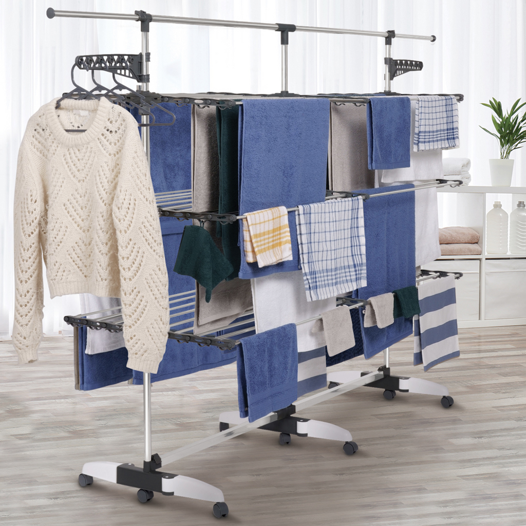 Séchoir à linge vertical pliable 3 niveaux SUPRA capacité 50m avec tringle télescopique blanc et gris
