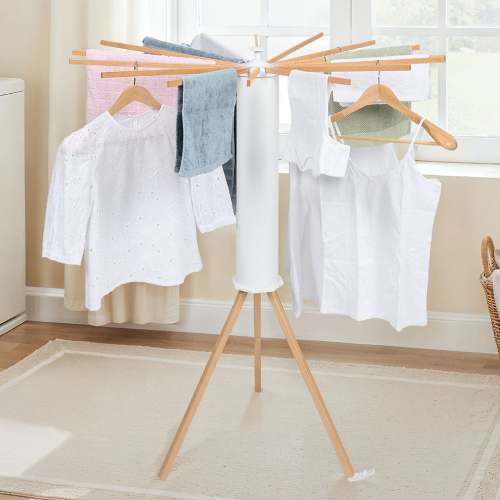 Séchoir à linge rotatif et pliable, capacité 21 m, blanc et bois
