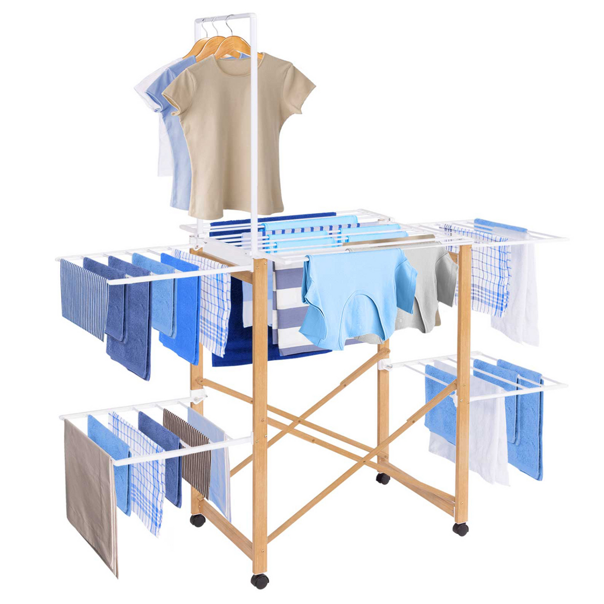 Séchoir à linge pliable DELUXE capacité 22 m avec tringle, blanc et effet bois