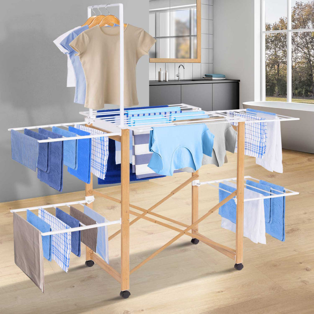 Séchoir à linge pliable DELUXE capacité 22 m avec tringle, blanc et effet bois