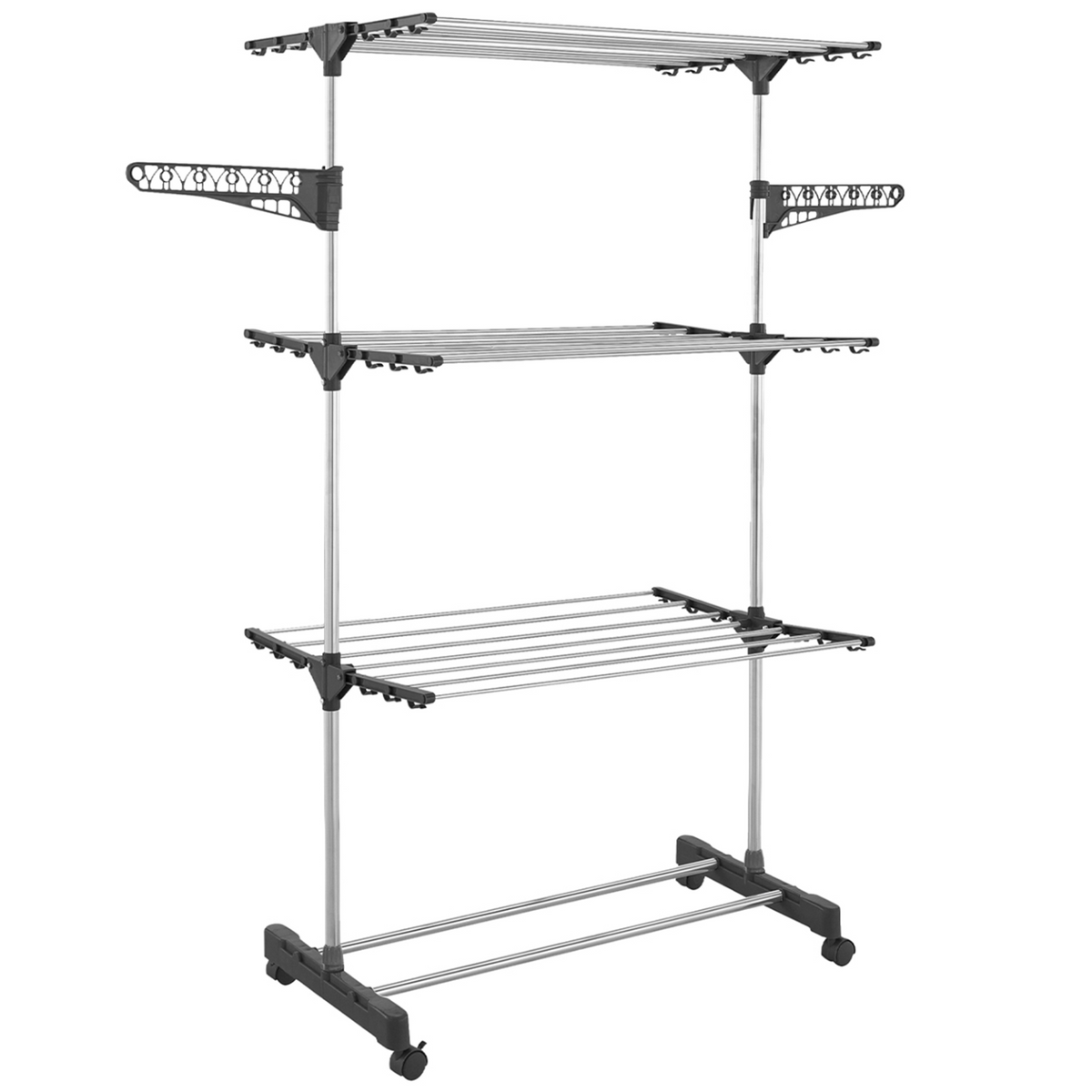 Séchoir à linge vertical pliable 3 niveaux MAXIMA, capacité 25 m, avec cintres et pinces, gris