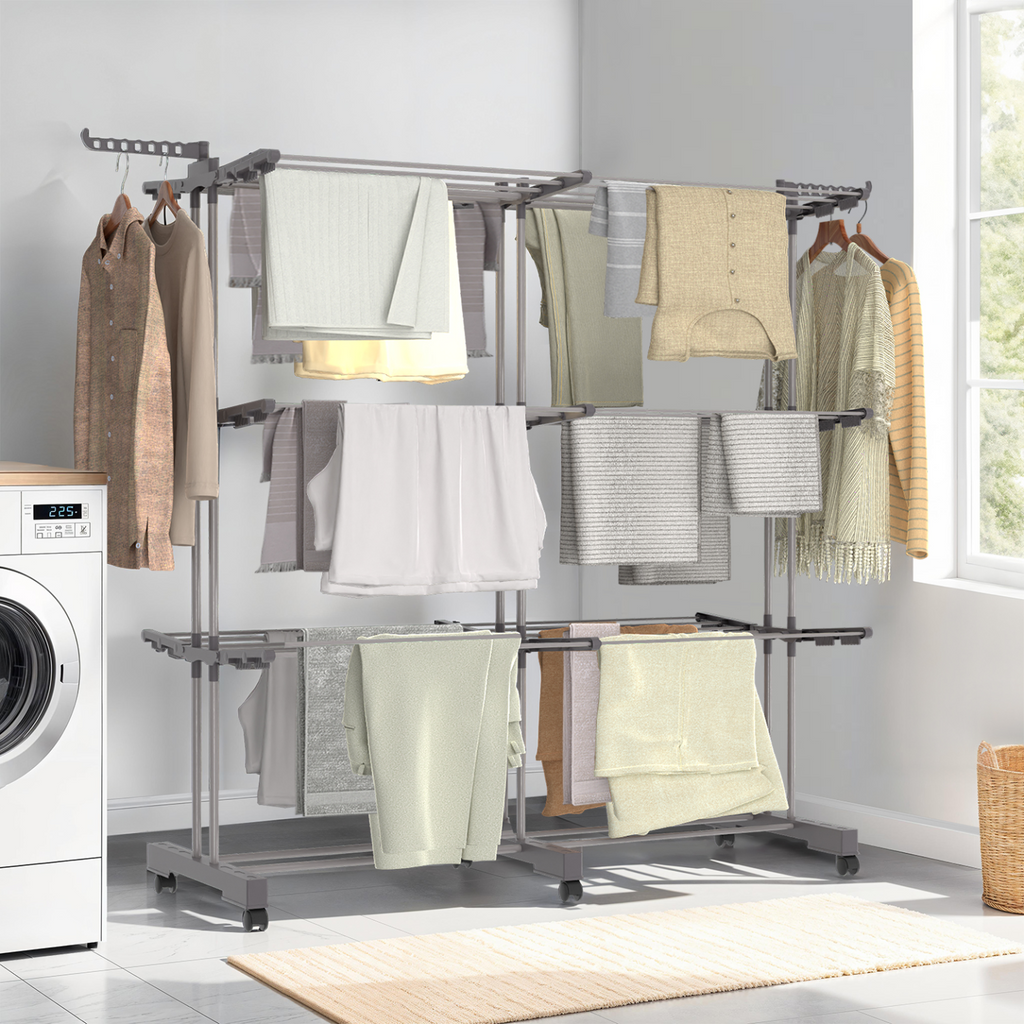 Séchoir à linge vertical pliable et extensible 3 niveaux MAXI capacité 40M inox et gris