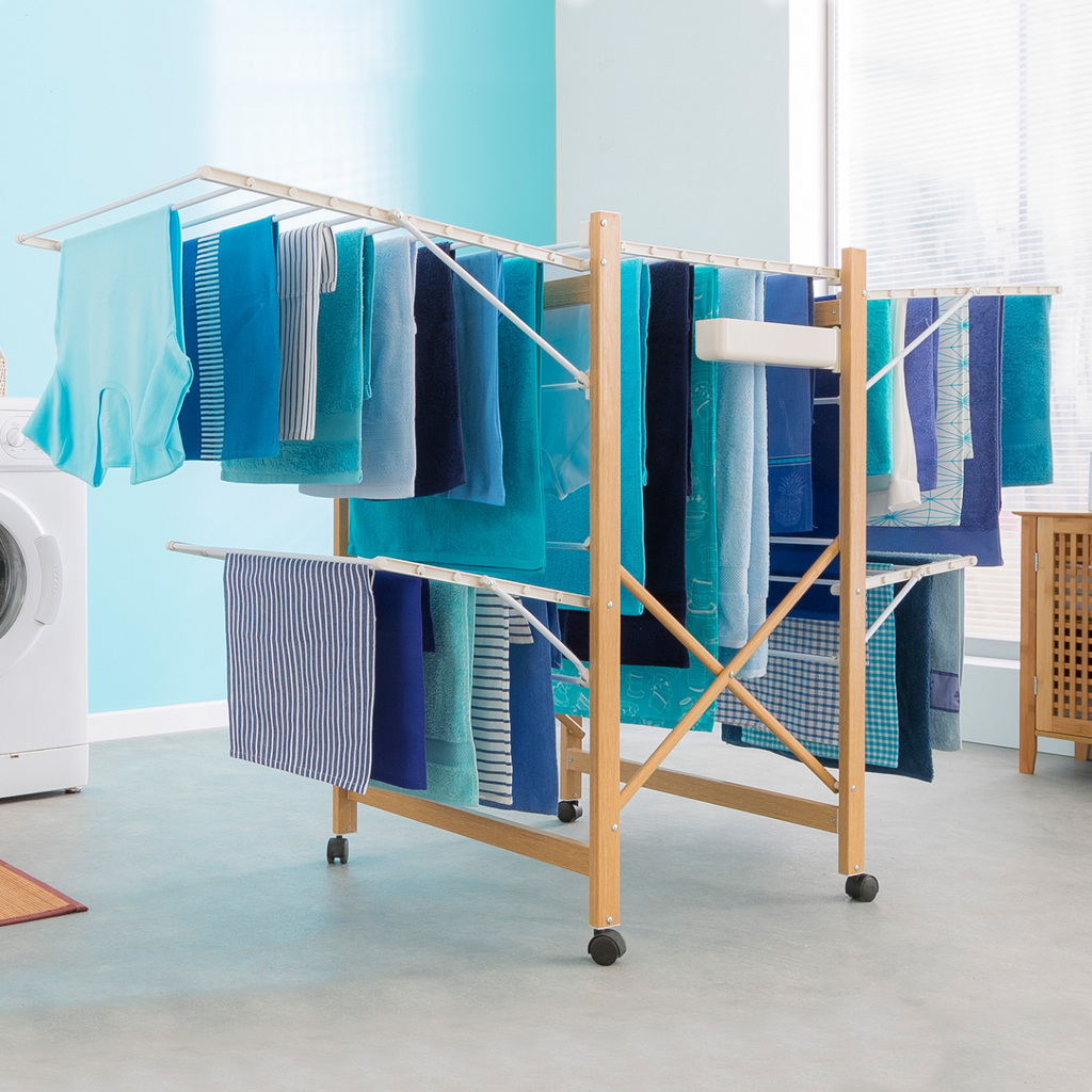 Séchoir à linge pliable DELUXE, capacité 27 m, blanc et effet bois