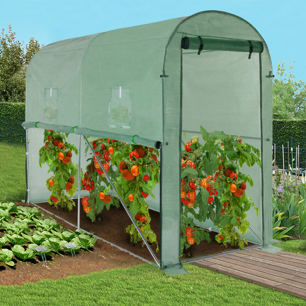 Serre de jardin pour tomates 3 m² 3 x 1 x 2 m en acier galvanisé + bâche anti-UV relevable avec porte et 2 fenêtres verte