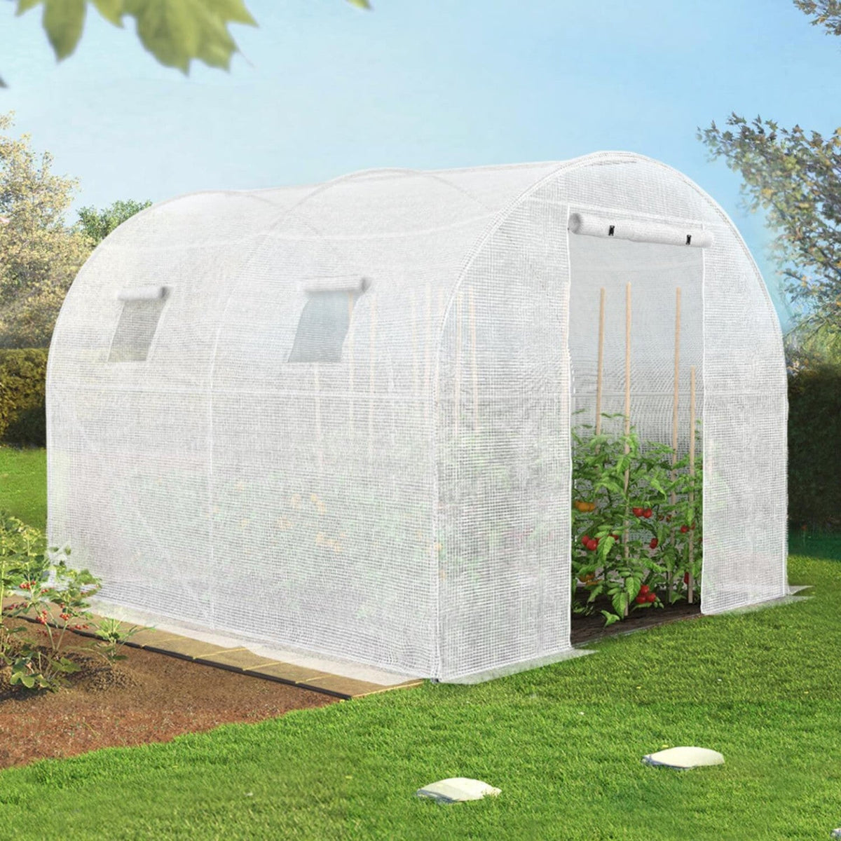 Serre de jardin tunnel 6 m² 3 x 2 x 2 m en acier galvanisé + bâche anti-UV avec porte et fenêtres ROMA blanche