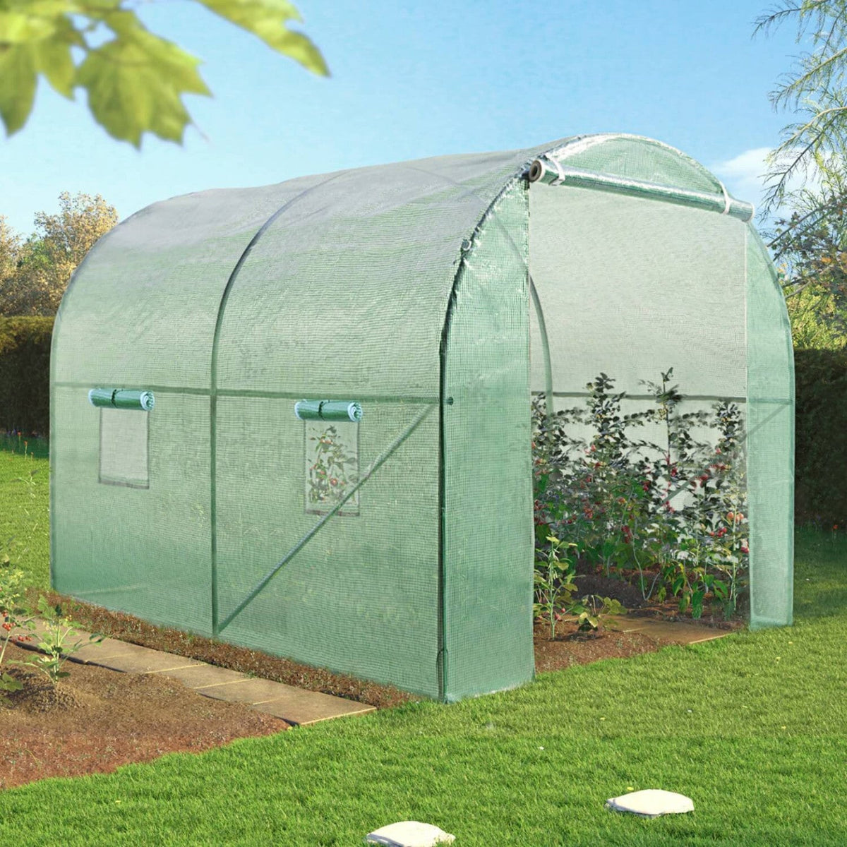 Serre de jardin tunnel 6 m² 3 x 2 x 2 m acier galvanisé + bâche anti-UV avec porte et fenêtres ROMA verte