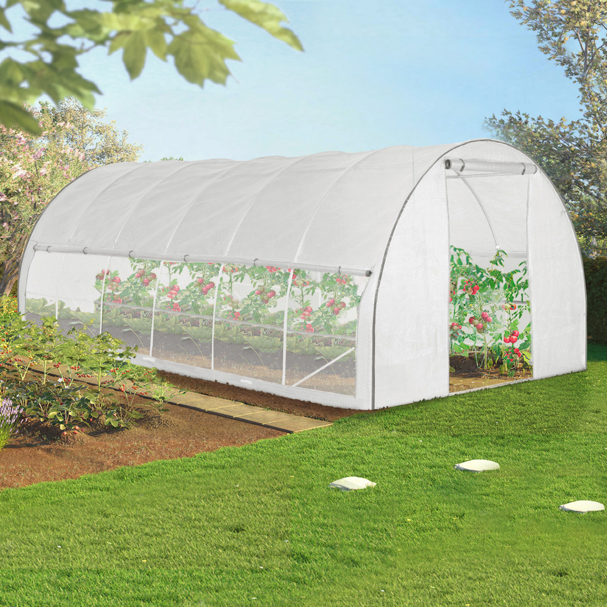 Serre de jardin tunnel 18 m² 6 x 3 x 2 m acier galvanisé + bâche anti-UV avec porte et fenêtres CRIMÉE blanche avec moustiquaire
